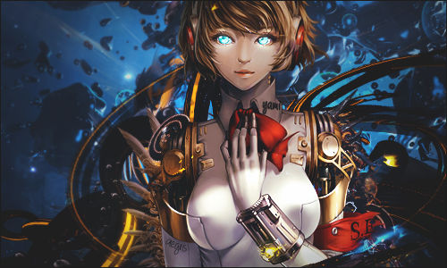 Cybernetic anime girl GFX with glowing blue eyes and armor