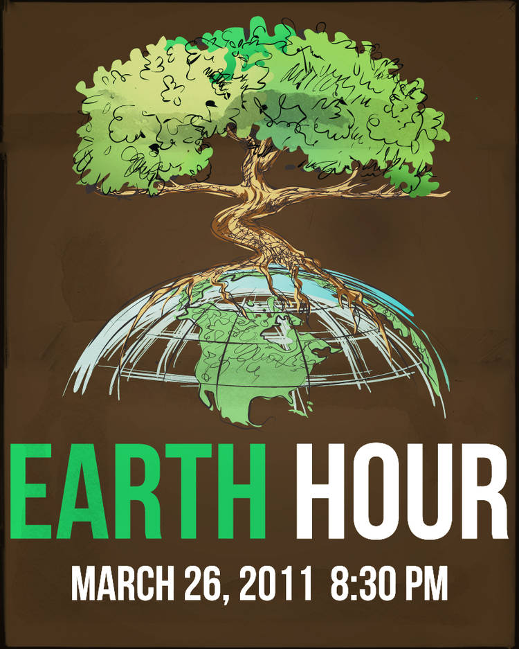 Earth Hour poster: tree rooted in a glowing globe