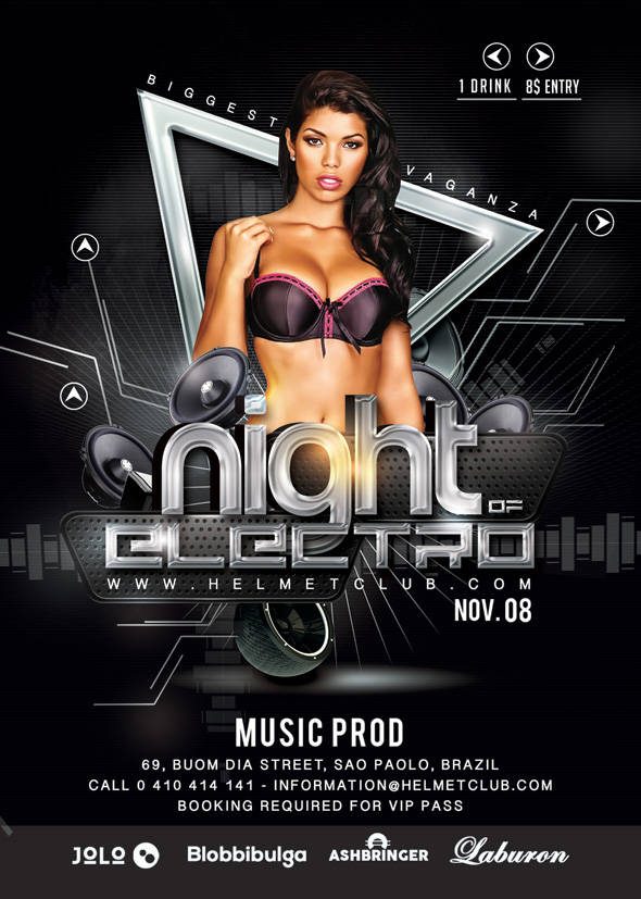 Retro electro club flyer with striking silver typography design